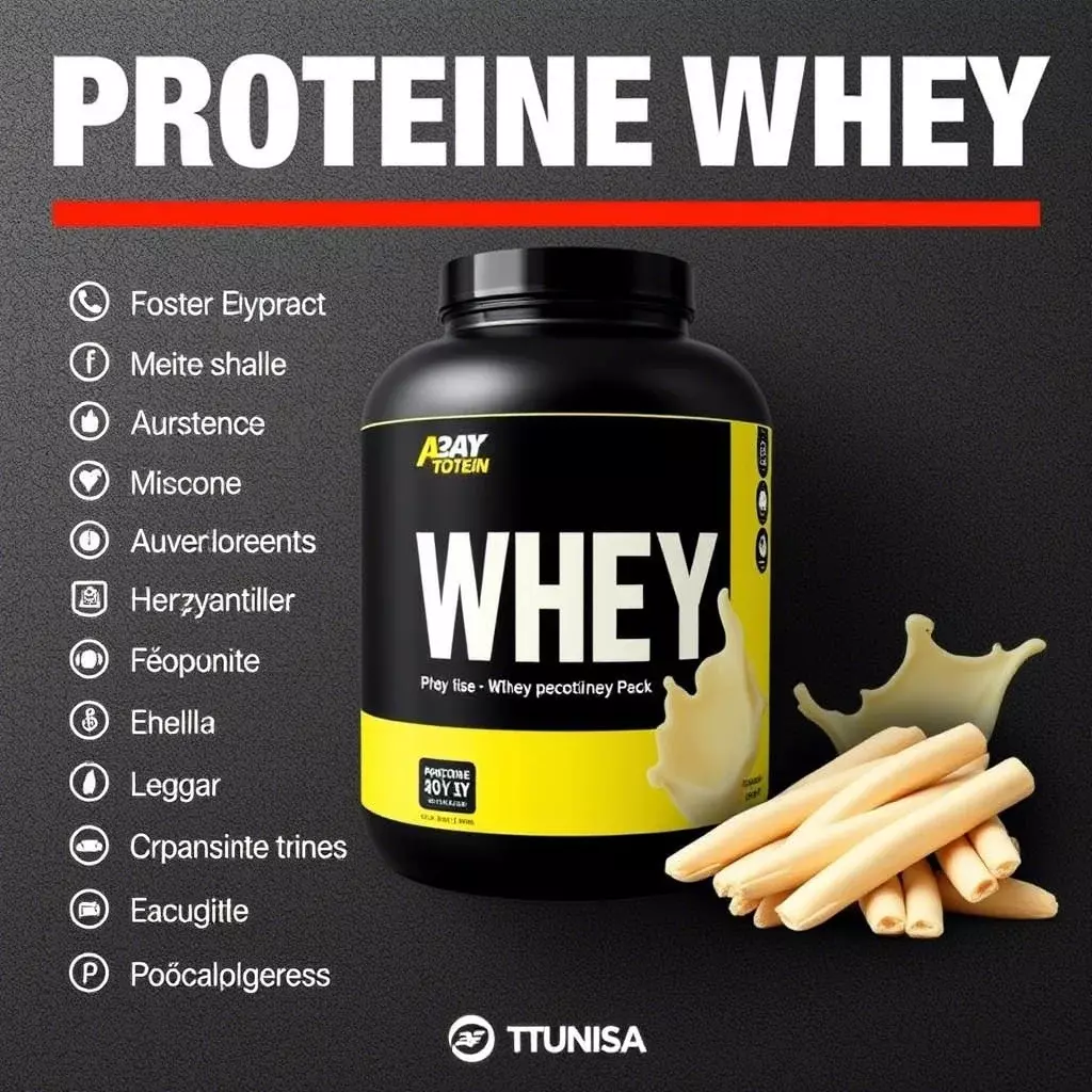 Shaker de whey protein posé à côté d’haltères, illustrant le guide pour choisir la meilleure protéine en Tunisie pour la musculation.