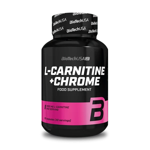 L‑Carnitine + Chrome 60 caps BioTechUSA Tunisie, 1000 mg L‑carnitine par dose, chrome 20 µg (50% VNR), 2 gélules/jour, avant entraînement.