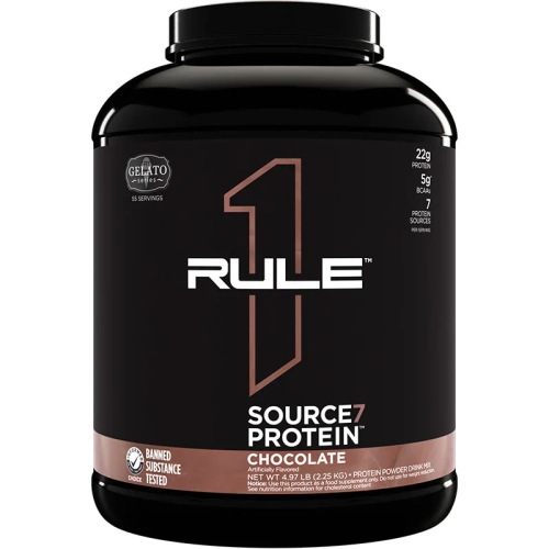 Pot de SOURCE 7 PROTEIN 2.26KG – Rule 1 Nutrition, mélange complet de 7 protéines, disponible sur Protein.tn