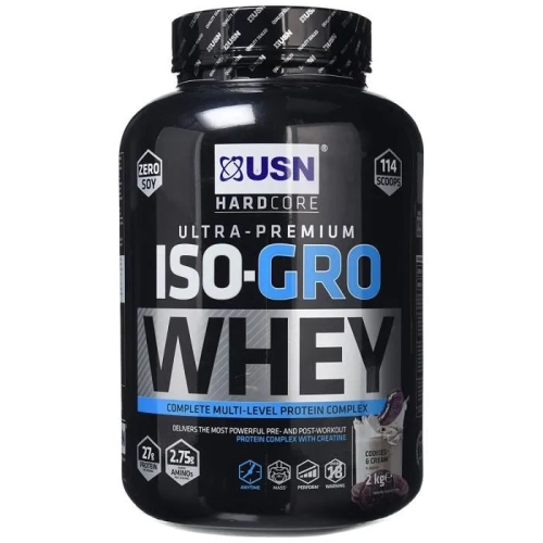 ISO-GRO USN 2Kg - Complément protéiné pour la prise de masse musculaire, riche en protéines de haute qualité et faible en glucides, disponible sur protein.tn.