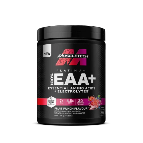 alt="MuscleTech Platinum 100% EAA+ 393g – Complément d'acides aminés essentiels avec BCAA pour la récupération musculaire et l'hydratation"