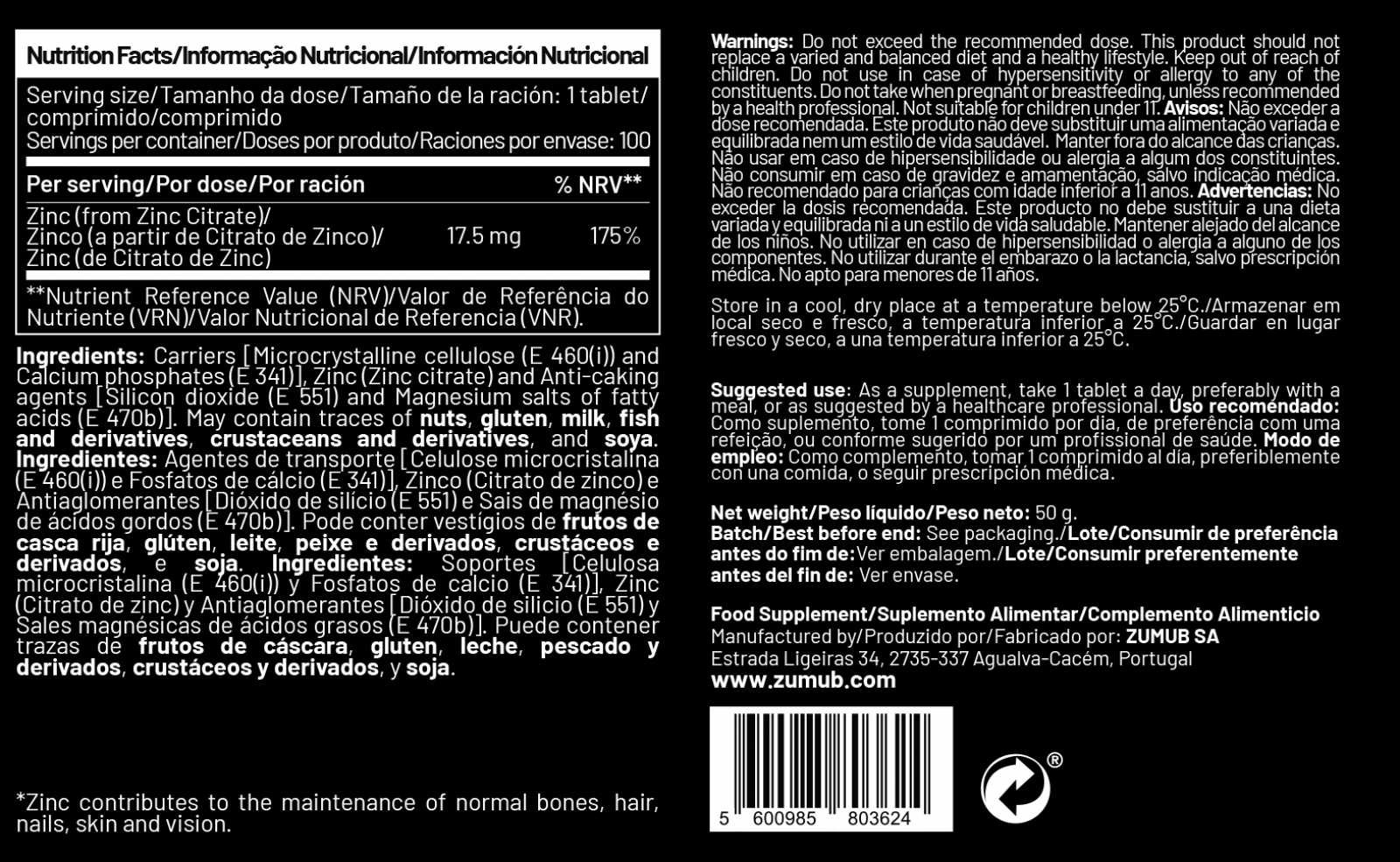 Zumub Zinc – 100 comprimés  — valeurs nutritionnelles
